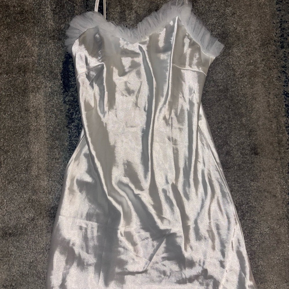 Elegant White Satin Dress with Ruffle Trim